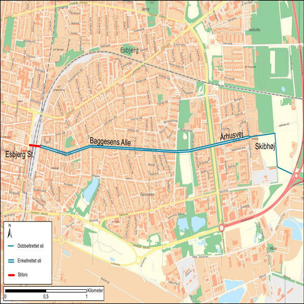 Kort der viser Supercykelstistrækningen langs Baggesens Allé fra Esbjerg banegård og ud til Tjæreborg vej.